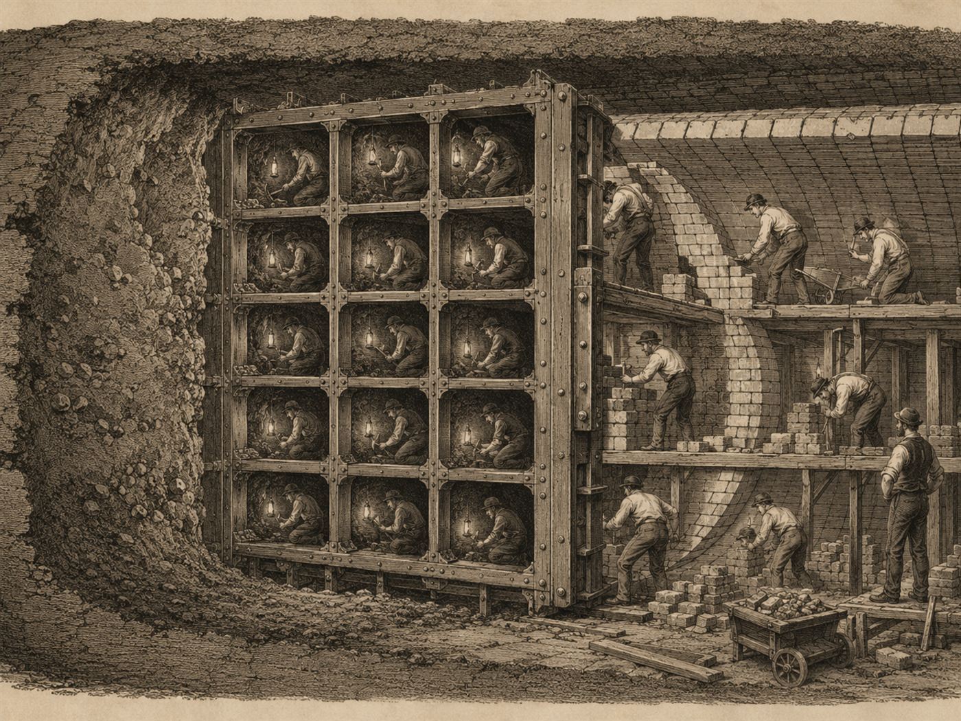 Miners working inside the cells of Marc Brunel's iron tunnelling shield at the face of the Thames Tunnel