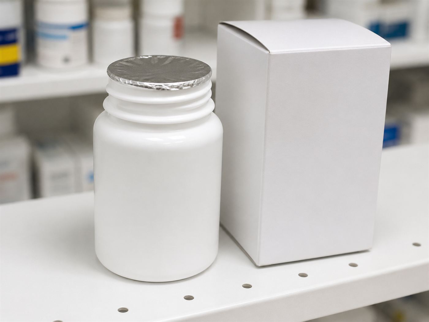 A close-up of an early 1980s medicine bottle with a foil safety seal over its mouth beside a sealed carton, evoking the Tylenol murders and tamper-evident packaging