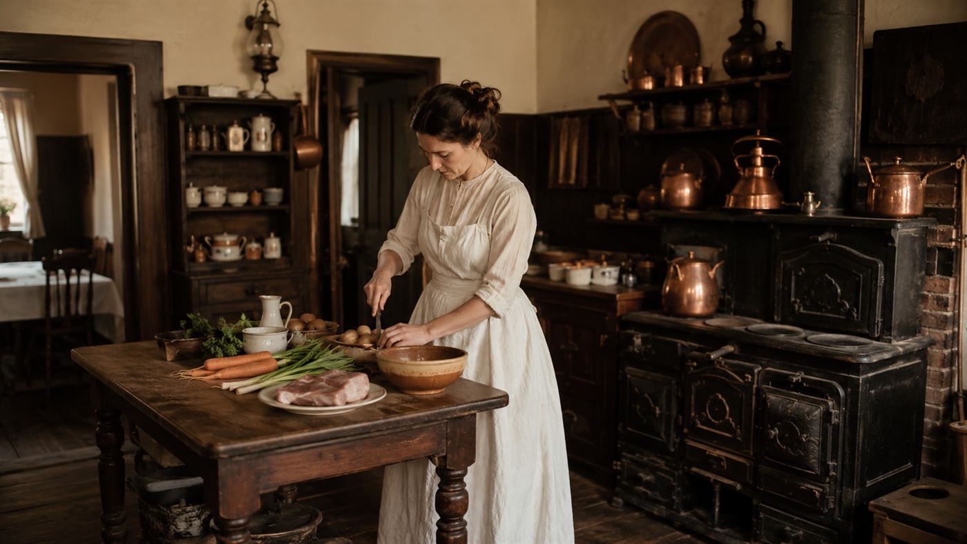 An early 1900s woman cook in a long apron preparing food at a wooden table in a dim period kitchen, evoking Typhoid Mary