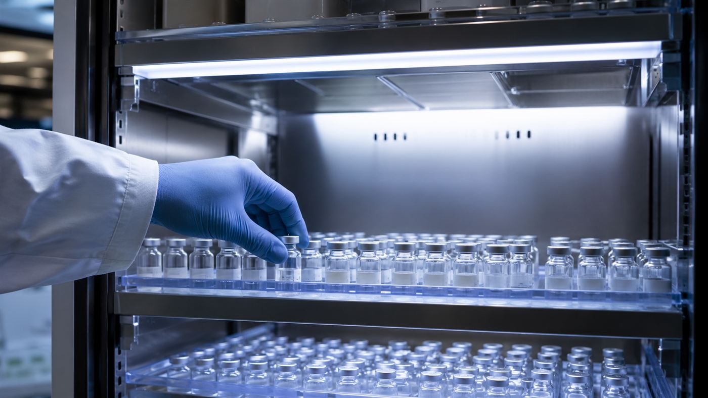 Rows of vaccine vials being prepared in a clinic refrigerator for distribution