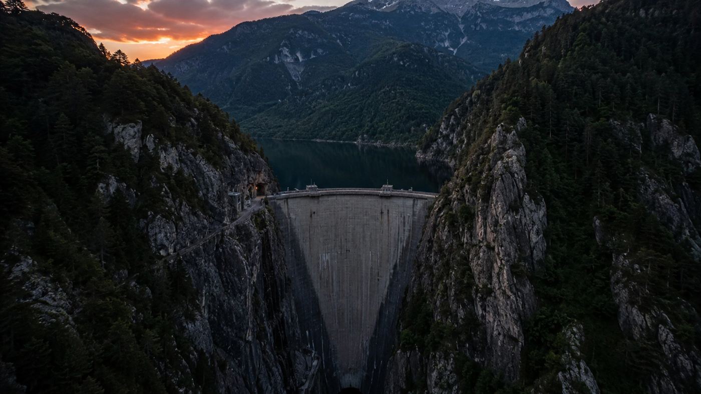 The tall thin concrete arch of the Vajont Dam wedged in a narrow alpine gorge at dusk