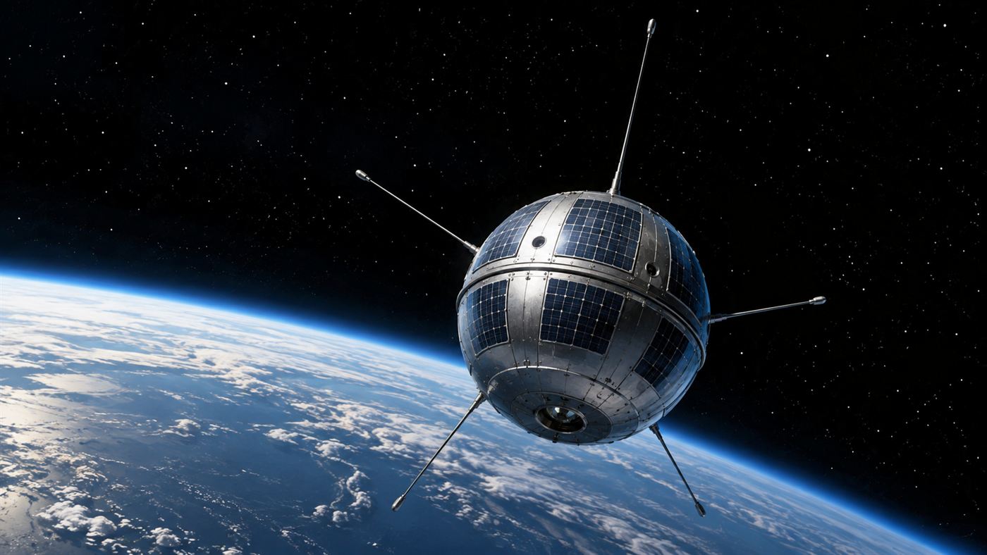 A small spherical late-1950s satellite with short antennas and tiny solar cells orbiting above the curve of the Earth in space