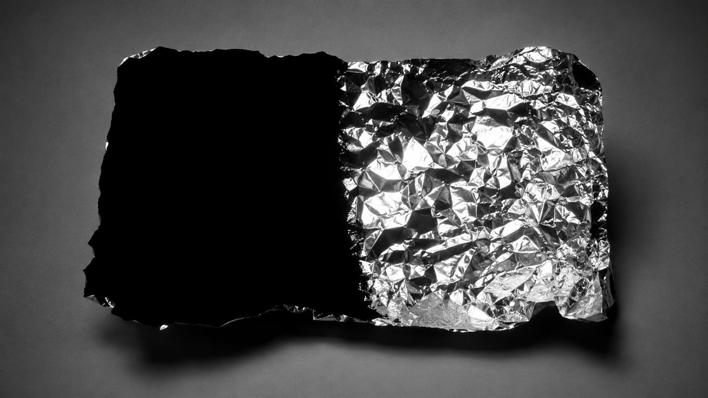 A crumpled foil object half coated in Vantablack so the black side looks like a flat featureless hole with no visible folds