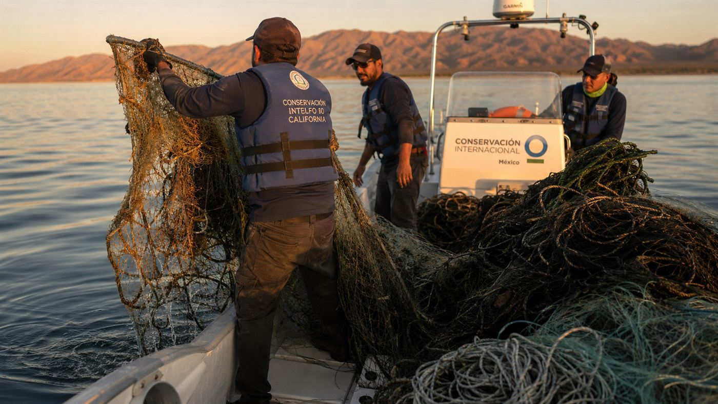 Conservationists on a patrol boat hauling a tangled illegal net out of the Gulf of California