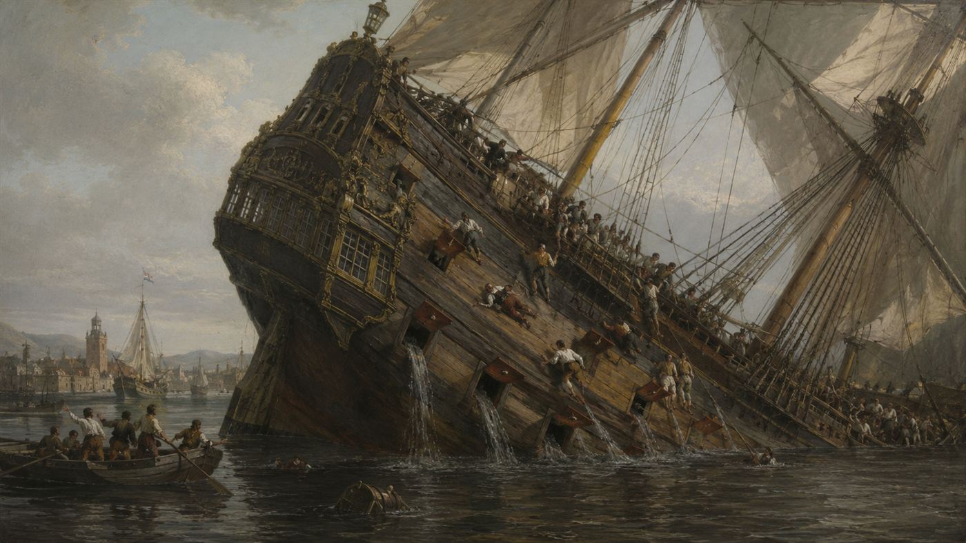 The top-heavy warship Vasa heeling sharply with water pouring through its open lower gun ports as sailors scramble on deck