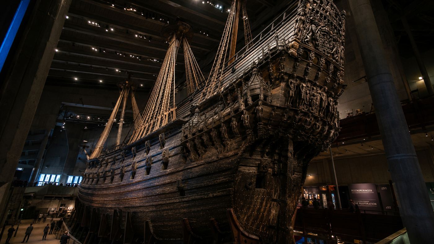 The dark towering preserved wooden hull of the warship Vasa inside a dim museum hall with walkways and visitors for scale