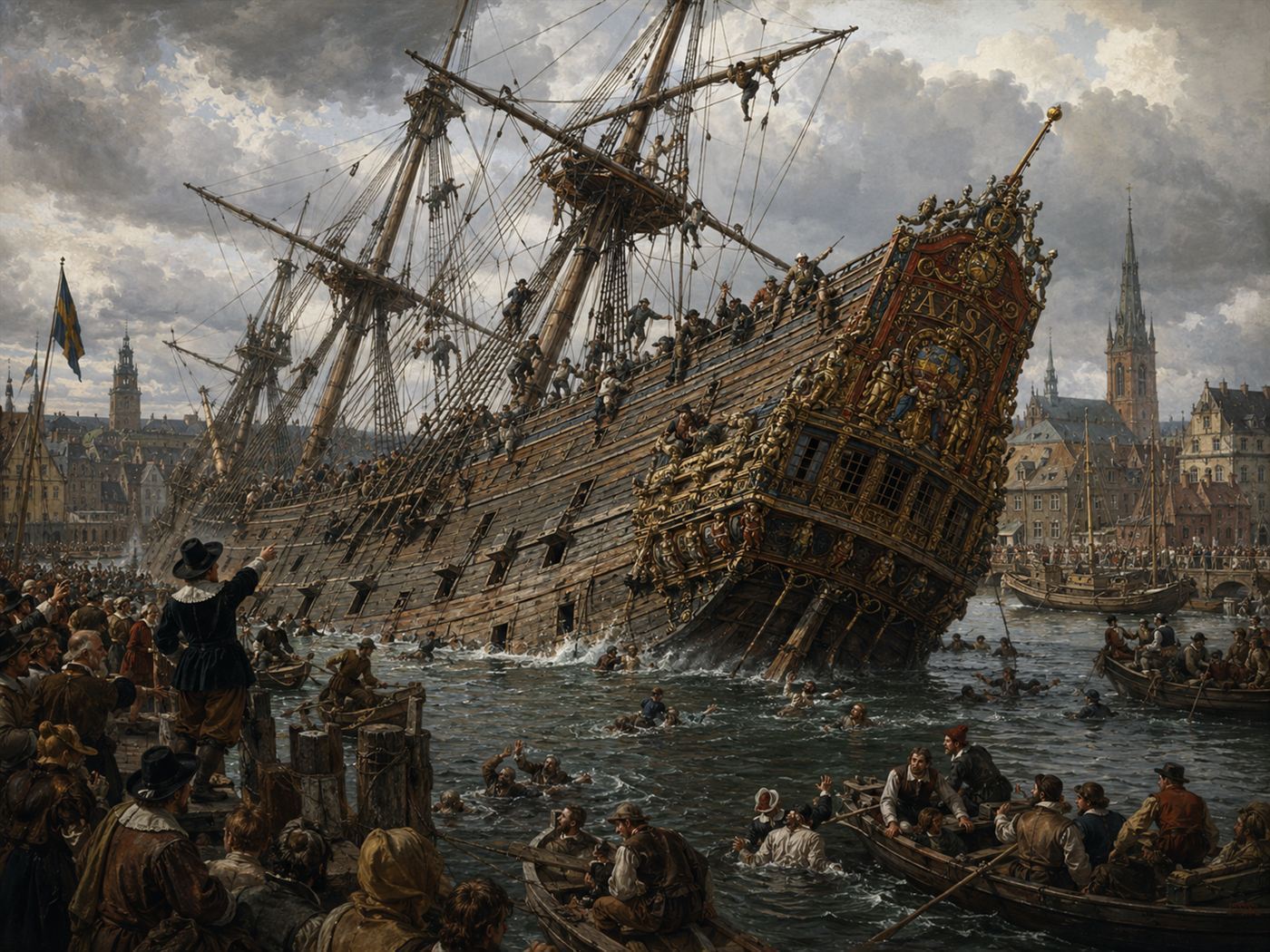 A dramatic historical illustration of the Vasa warship heeling sharply to port and sinking in Stockholm harbor on August 10 1628, crowds watching from the shore as the great vessel goes under