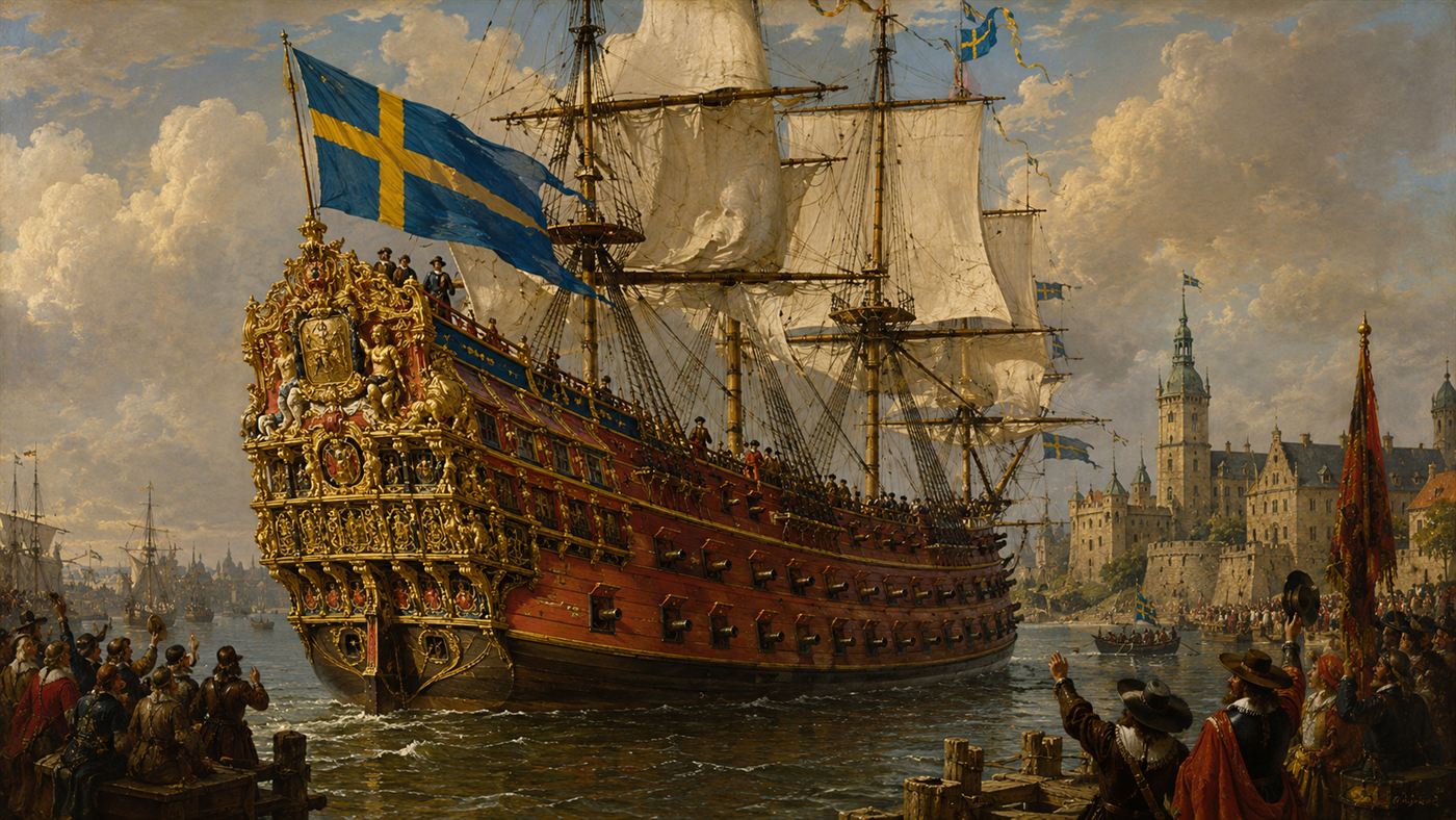 The ornately carved wooden warship Vasa under sail leaving Stockholm harbour with bright painted sculptures along its high stern