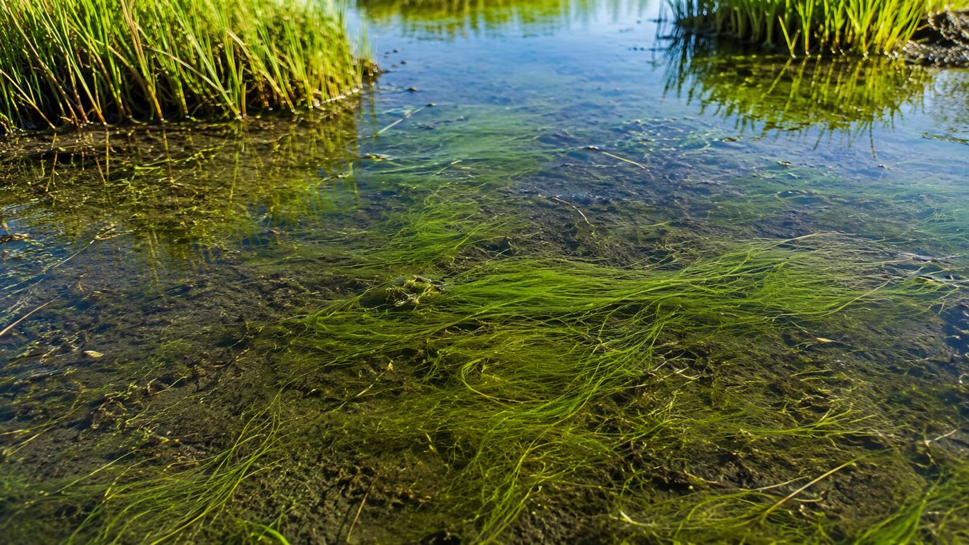 Fine green threads of Vaucheria algae in a sunlit coastal salt-marsh tidepool, the food source of the solar-powered sea slug