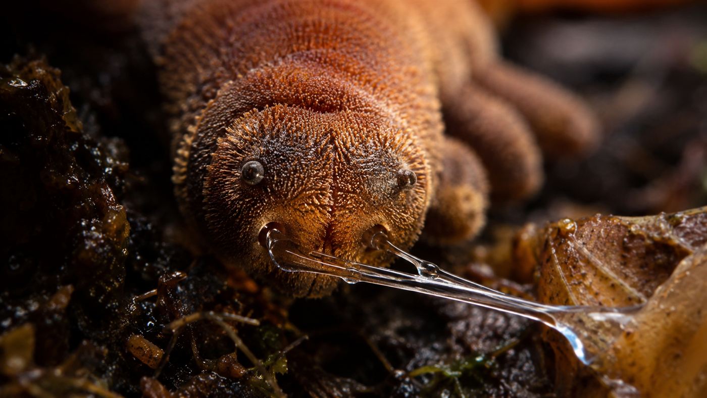 Extreme close-up of a velvet worm's head showing the nozzle-like papillae beside the mouth and sticky threads
