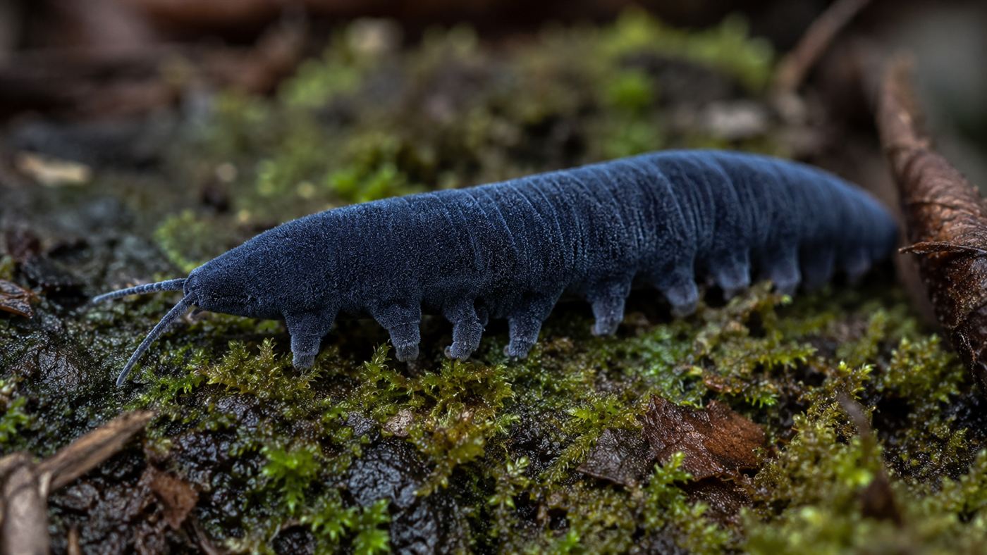 A soft-bodied velvet worm with many short stubby legs crawling on a damp mossy forest floor