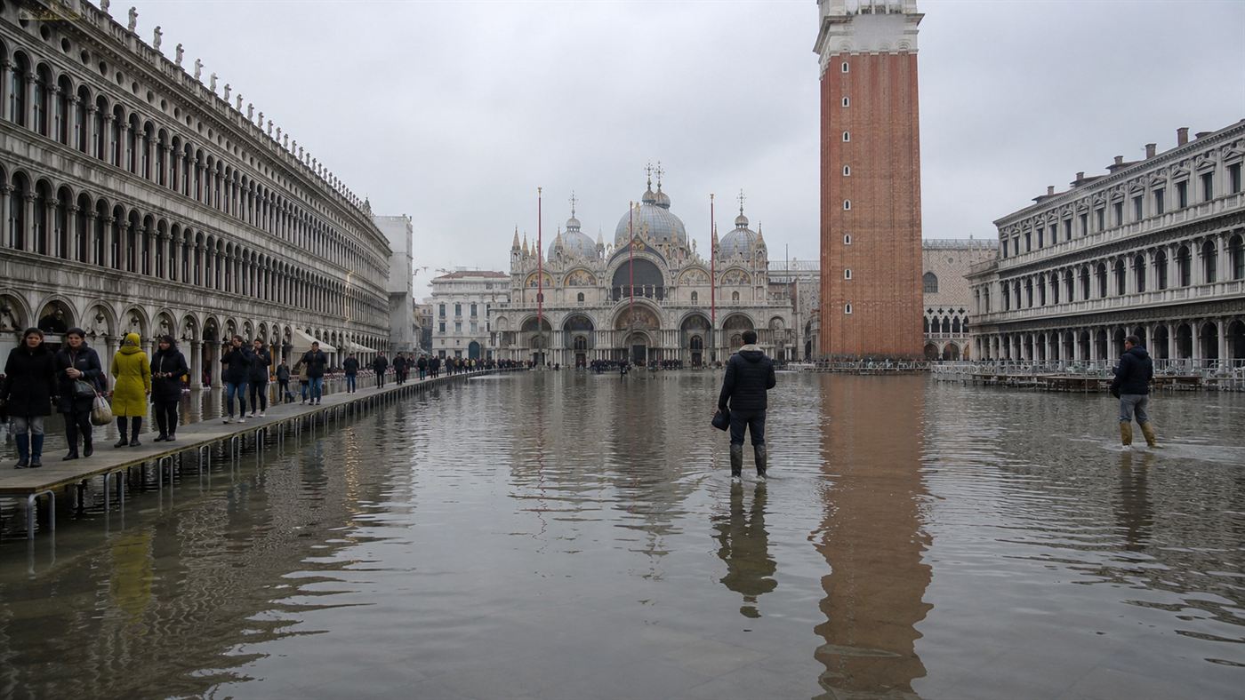 St Mark's Square in Venice flooded by acqua alta high water, the floods MOSE was built to stop