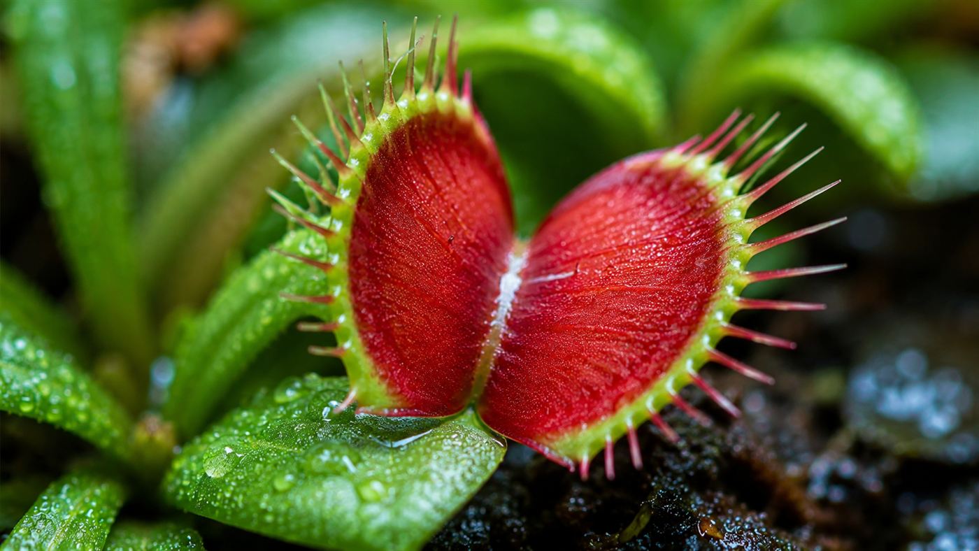 An open Venus flytrap with vivid red inner lobes and spiky interlocking teeth