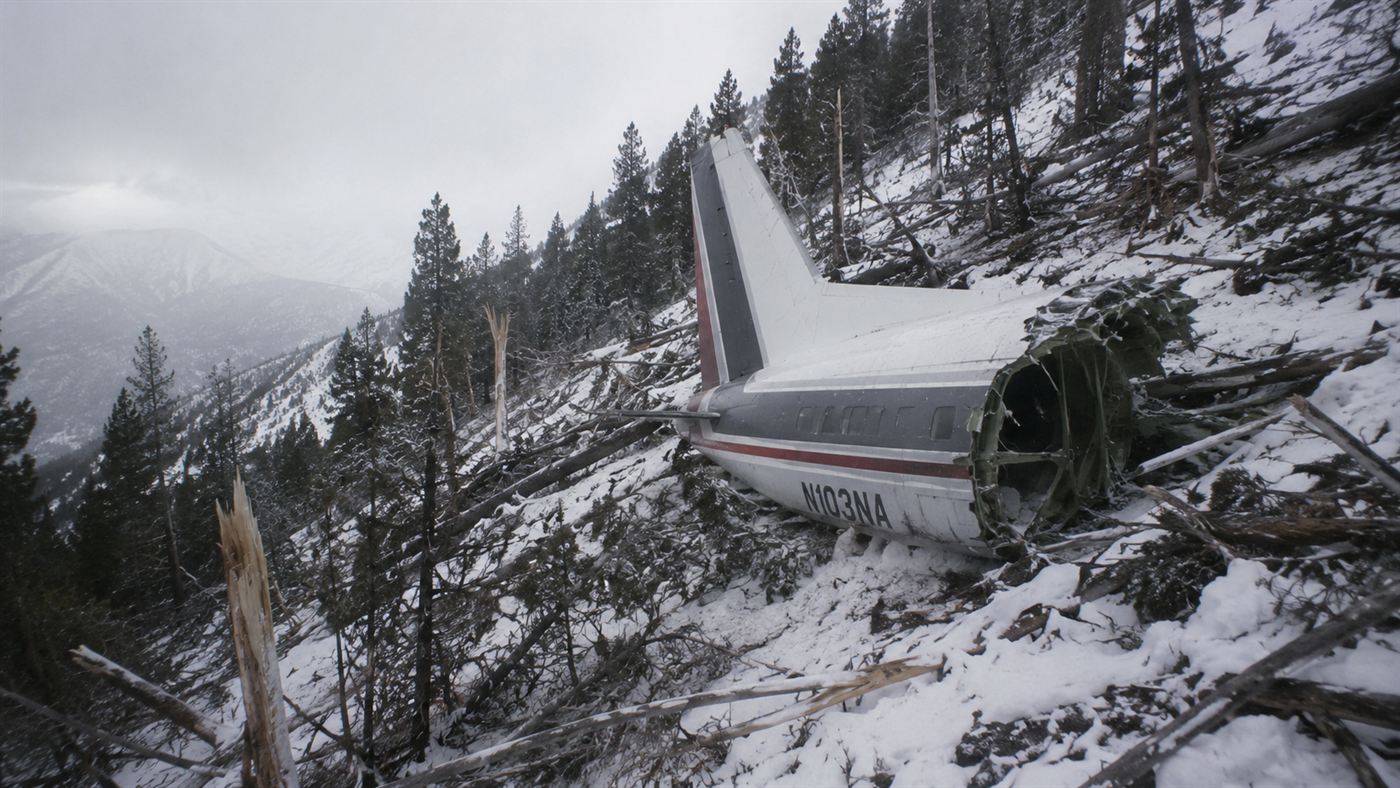 The broken tail of a 1970s airliner on a snowy mountain slope where Vesna Vulovic survived her fall
