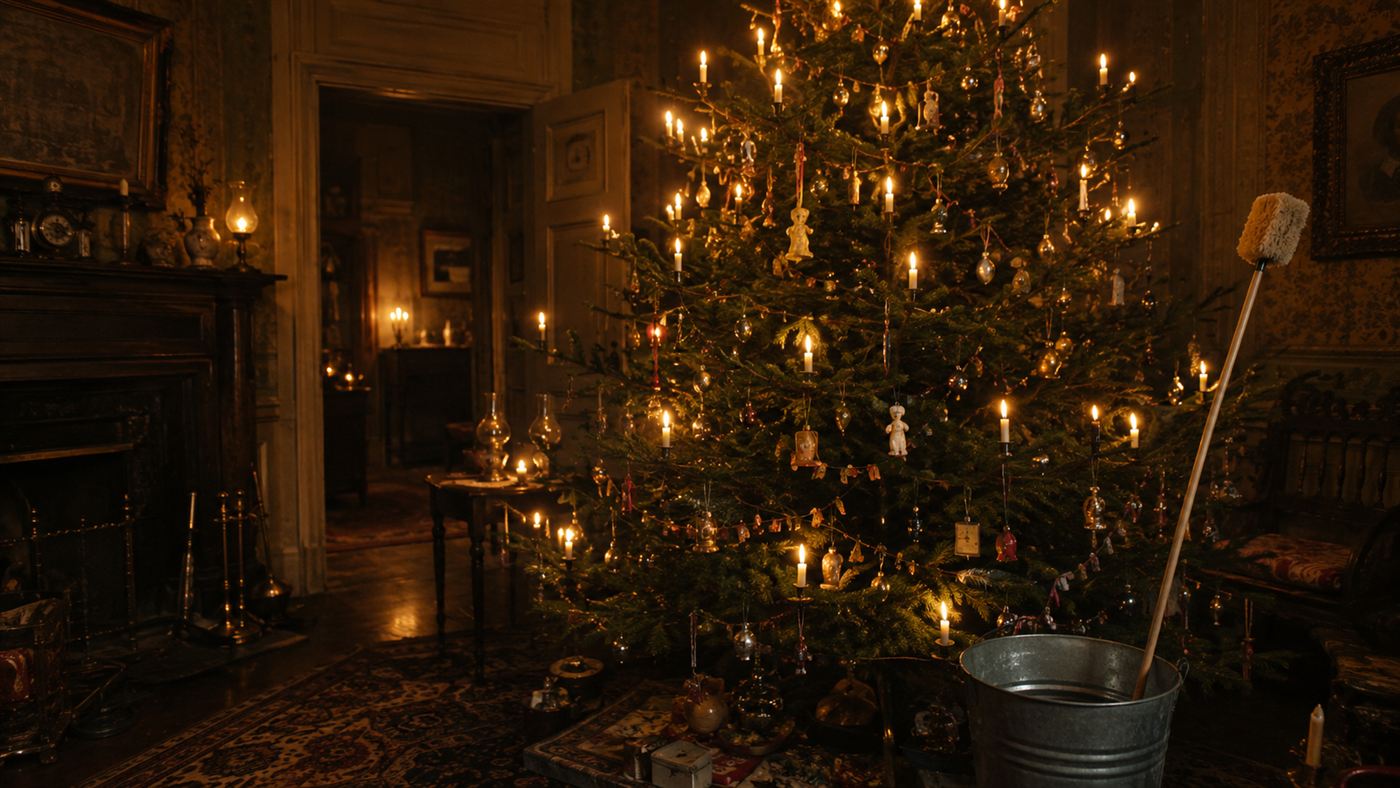 A Victorian Christmas tree lit by real candles with a water bucket nearby, the fire risk electric Christmas lights replaced