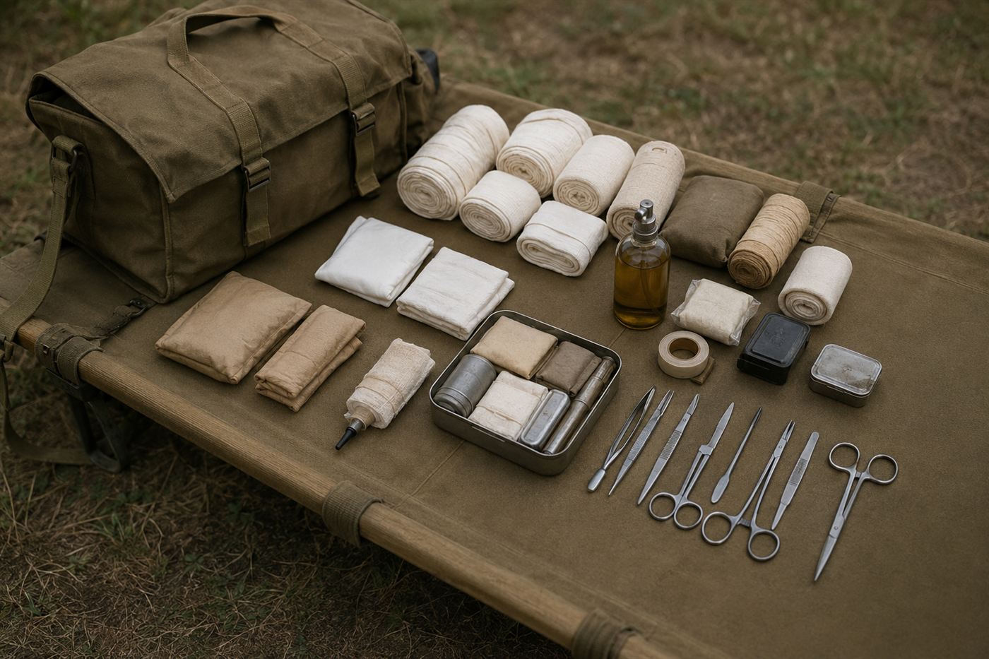 A 1960s field medic's kit with bandages, gauze and a spray bottle laid out on a stretcher, evoking wartime use of cyanoacrylate