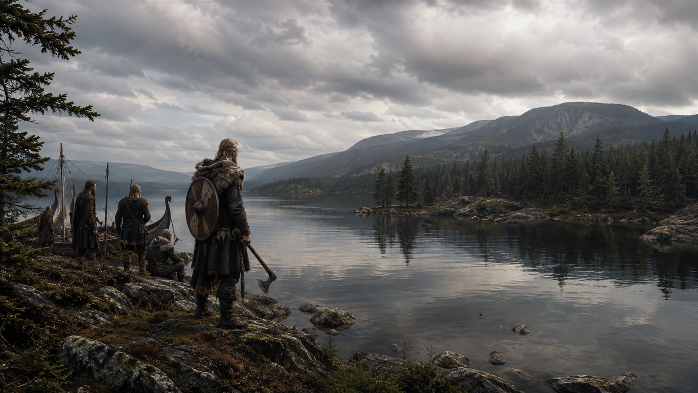 A romantic painting-style scene of Norse Viking explorers in furs standing by a lake in the wooded North American interior