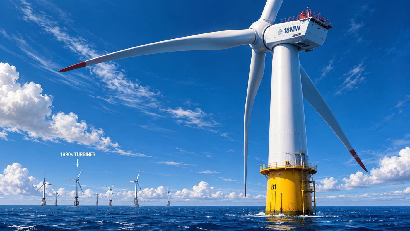 A single towering modern offshore wind turbine dwarfing a cluster of tiny old 1990s turbines on the horizon to show the change in scale