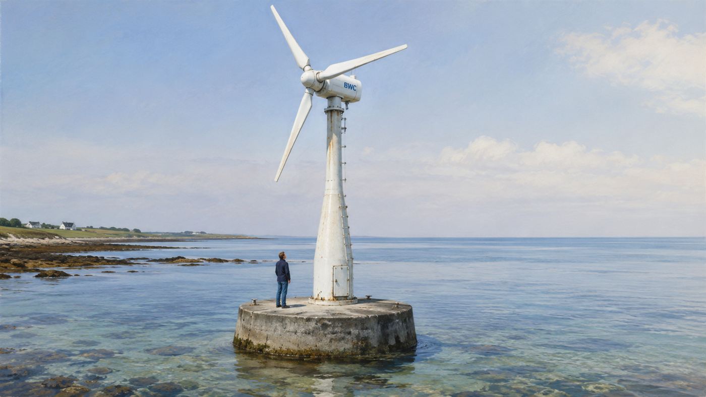 Close-up of one small white three-bladed turbine of the 1990s standing on a concrete base in shallow coastal water