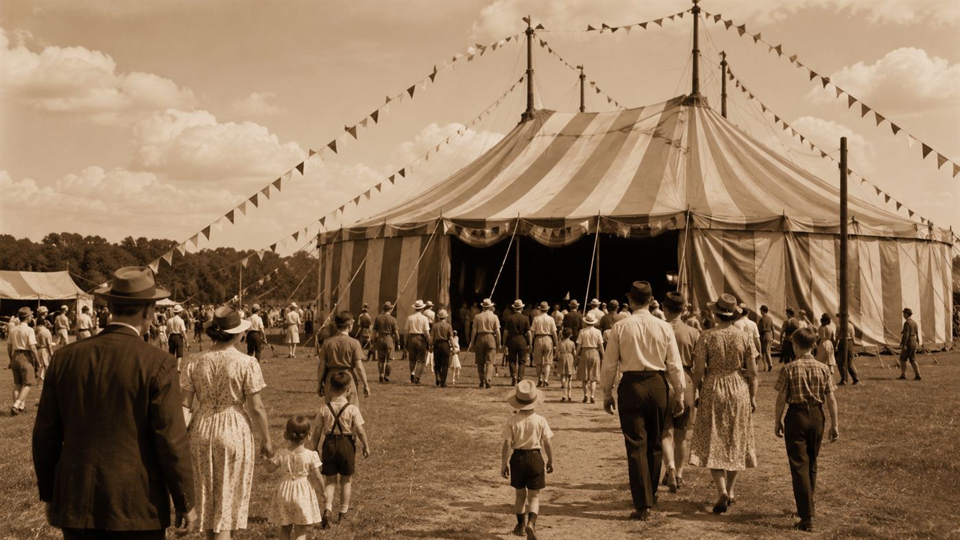 A vintage 1940s circus big top tent from outside with families and children arriving for an afternoon show under a summer sky