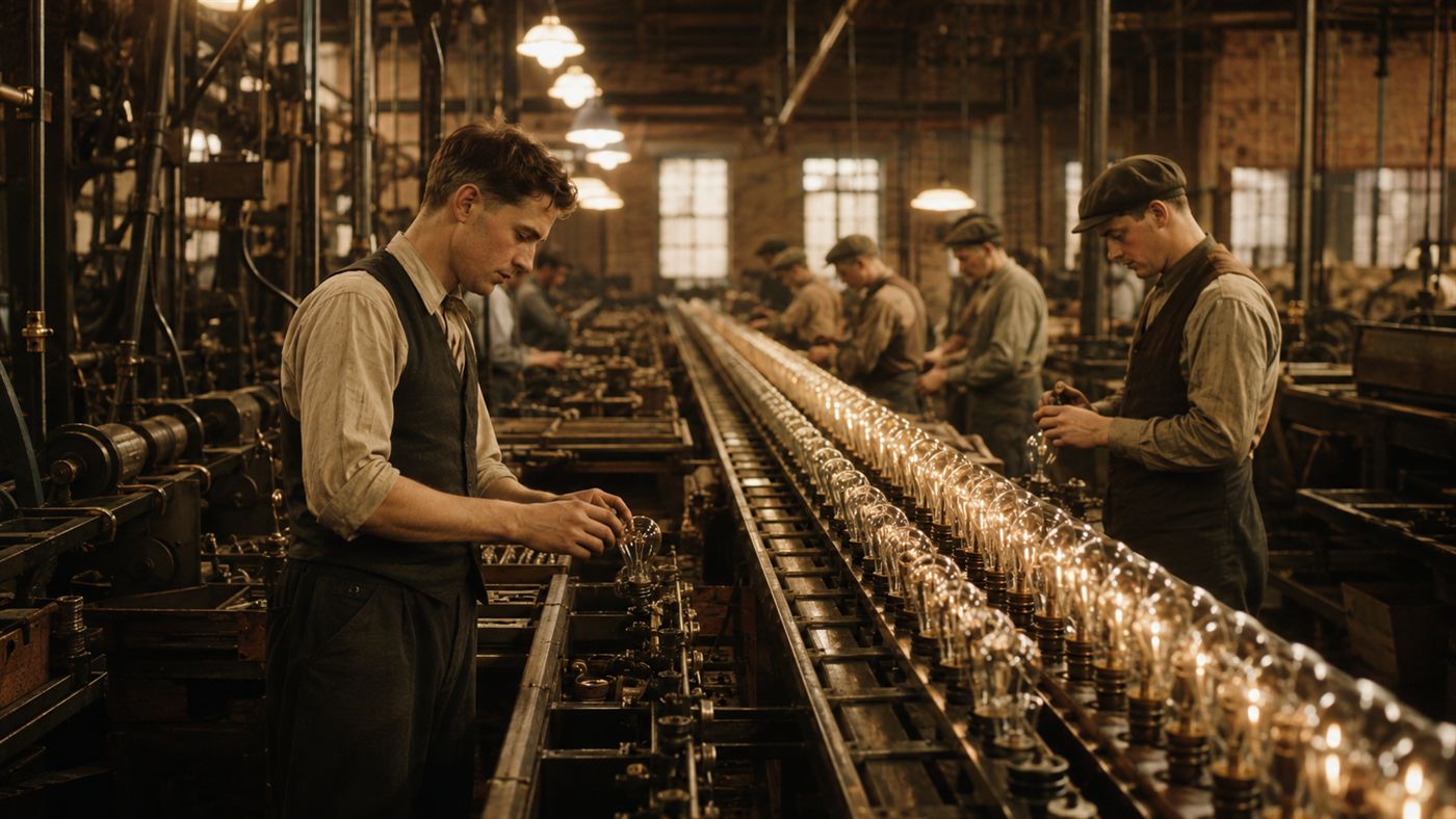 A 1920s electric lightbulb factory with rows of incandescent bulbs on a production line, evoking planned obsolescence and the Phoebus cartel