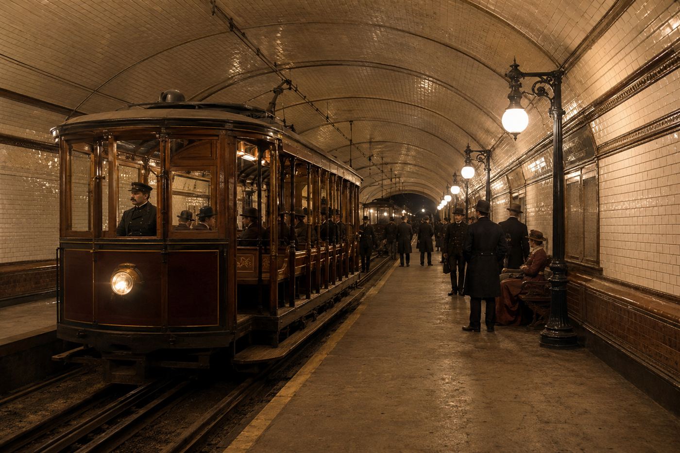 A vintage tiled underground streetcar station with an arched ceiling and an early electric trolley at the platform, evoking 1890s Boston