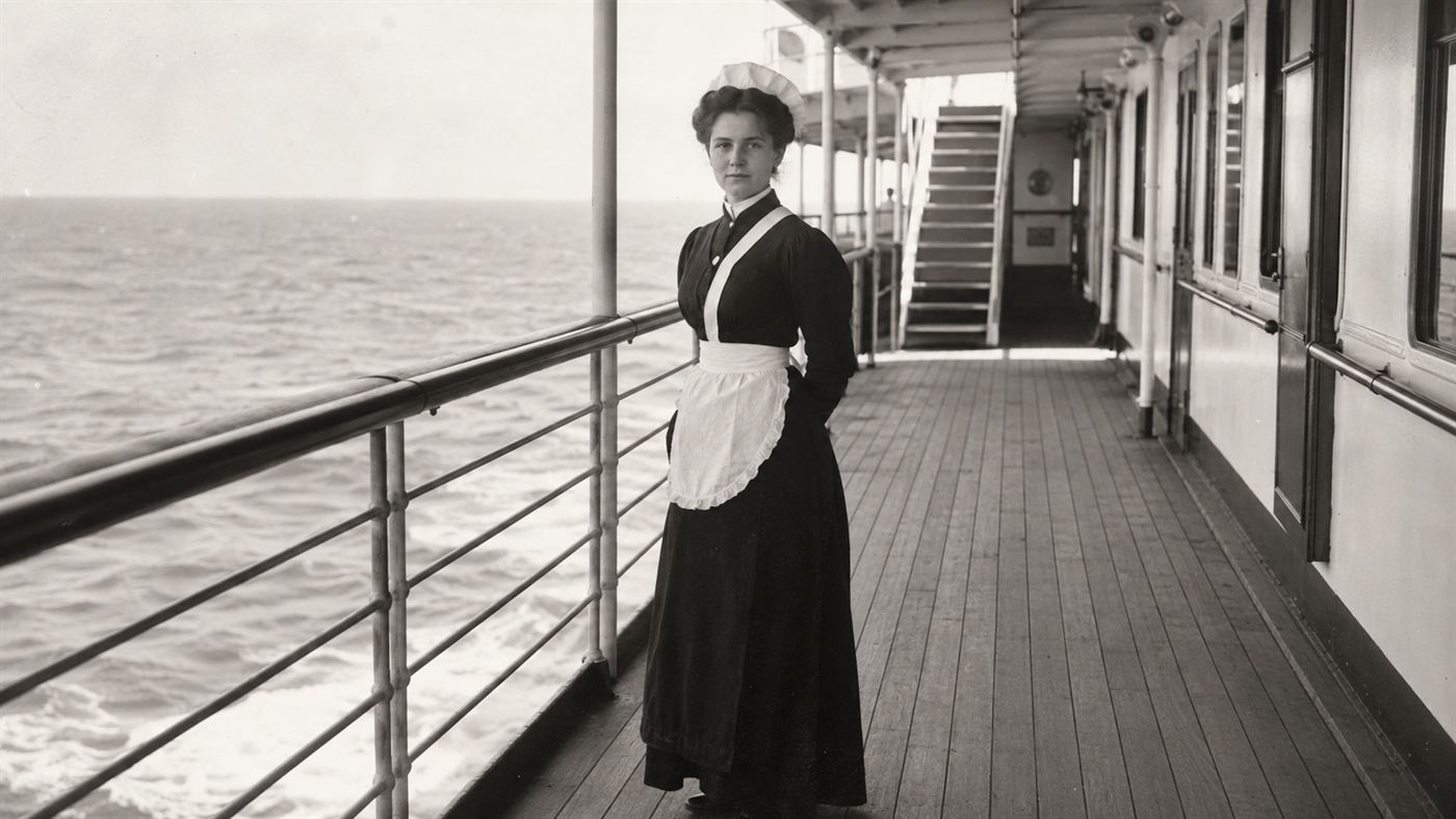 An Edwardian ocean liner stewardess in uniform on the deck of a great ship, evoking Violet Jessop
