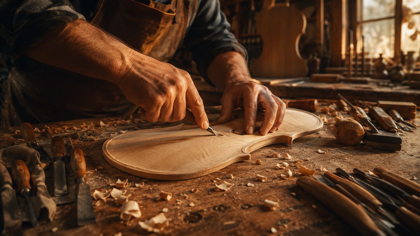 A luthier's hands carving the curved wooden top plate of a violin among chisels and shavings in a warm workshop