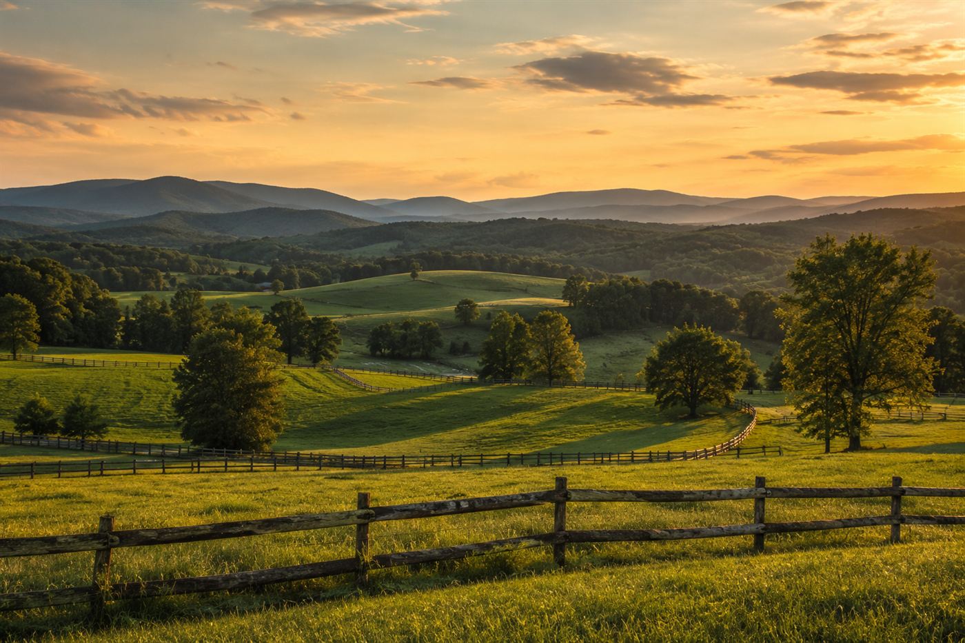 Rolling green Bedford County farmland and blue ridge hills in Virginia, where the Beale treasure is said to be buried