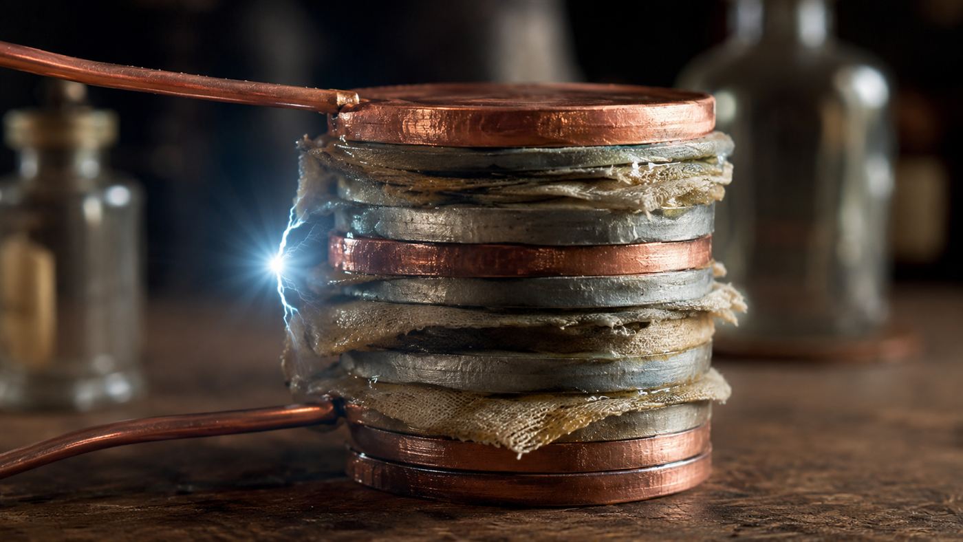 Close-up of a stack of alternating copper and zinc discs with damp cloth between them and copper wires