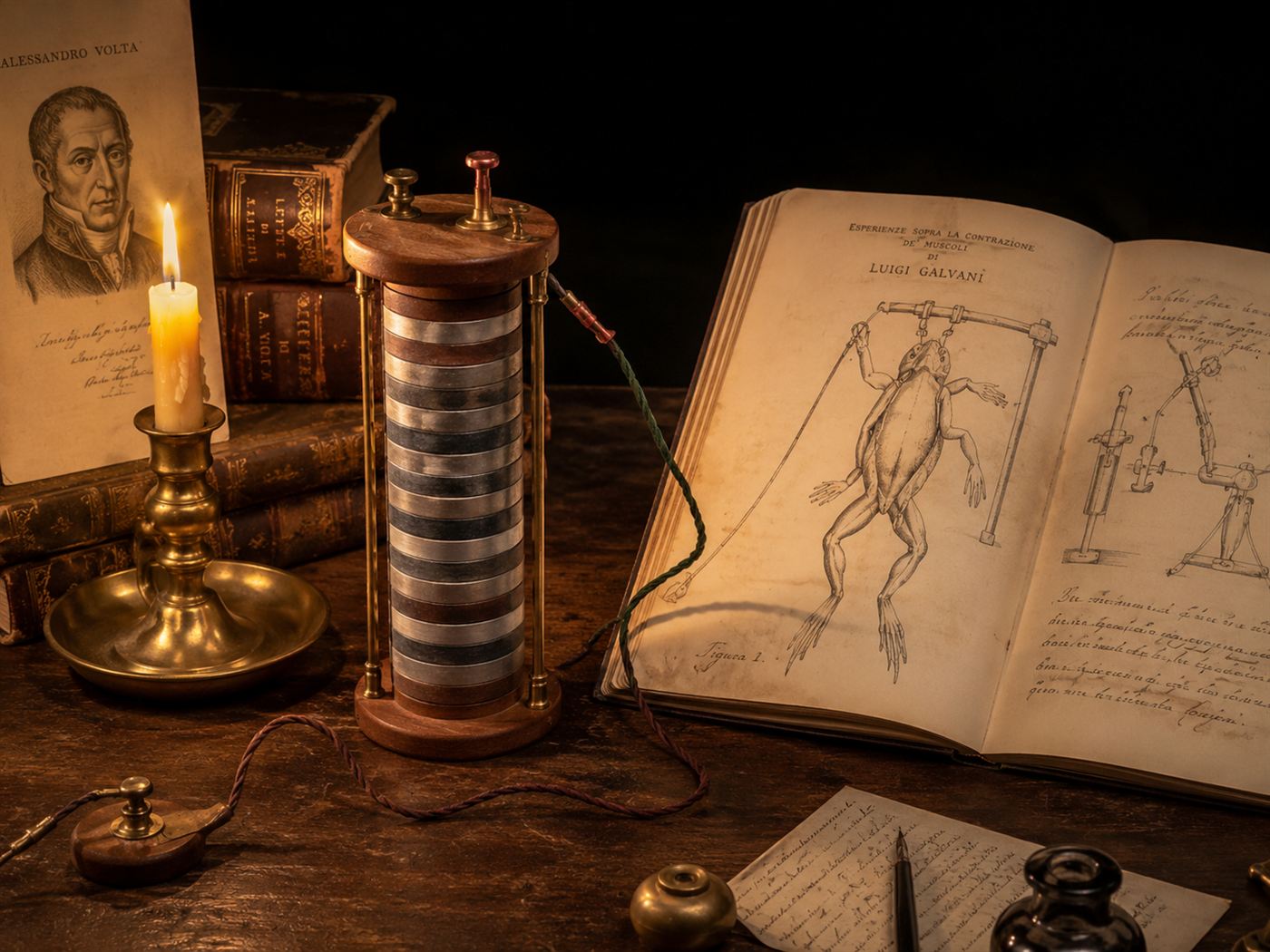 An early voltaic pile battery demonstration beside a drawing of Luigi Galvani's frog leg experiment showing how biological electricity inspired Alessandro Volta to invent the battery in 1800