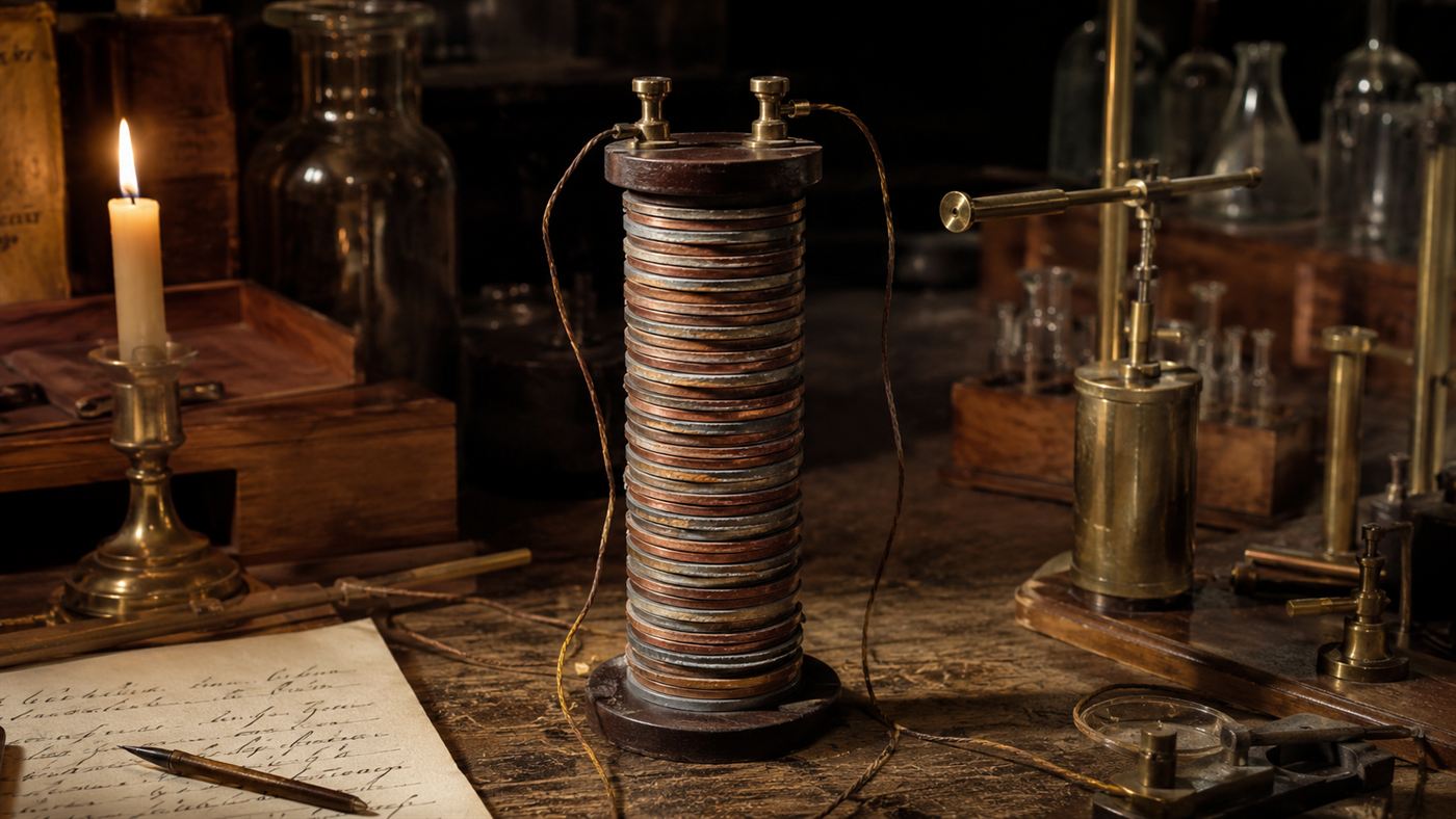 An early 1800s voltaic pile, a tall stack of copper and zinc discs with brine-soaked cloth, on a wooden bench