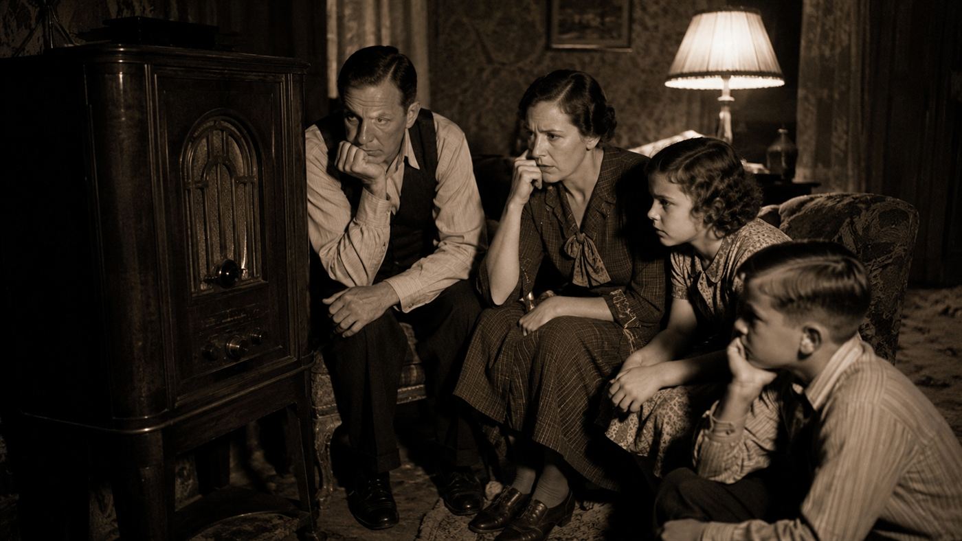 Families gathered around a 1930s radio during the War of the Worlds broadcast