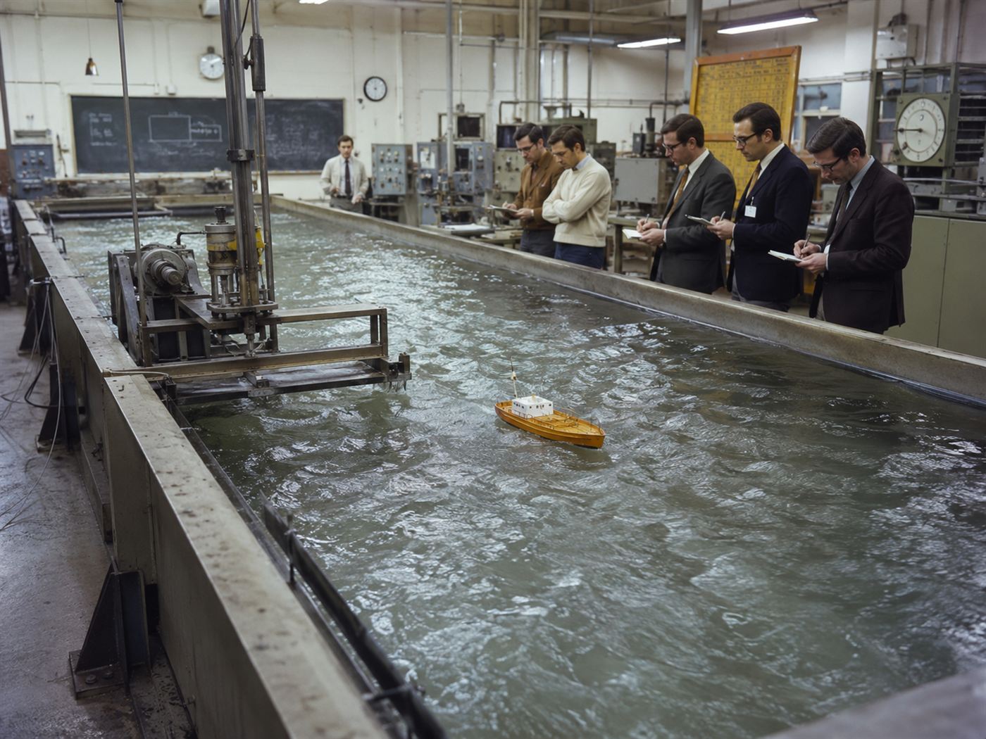 A 1970s wave tank in a lab testing a small float, the kind of testing behind Salter's Duck