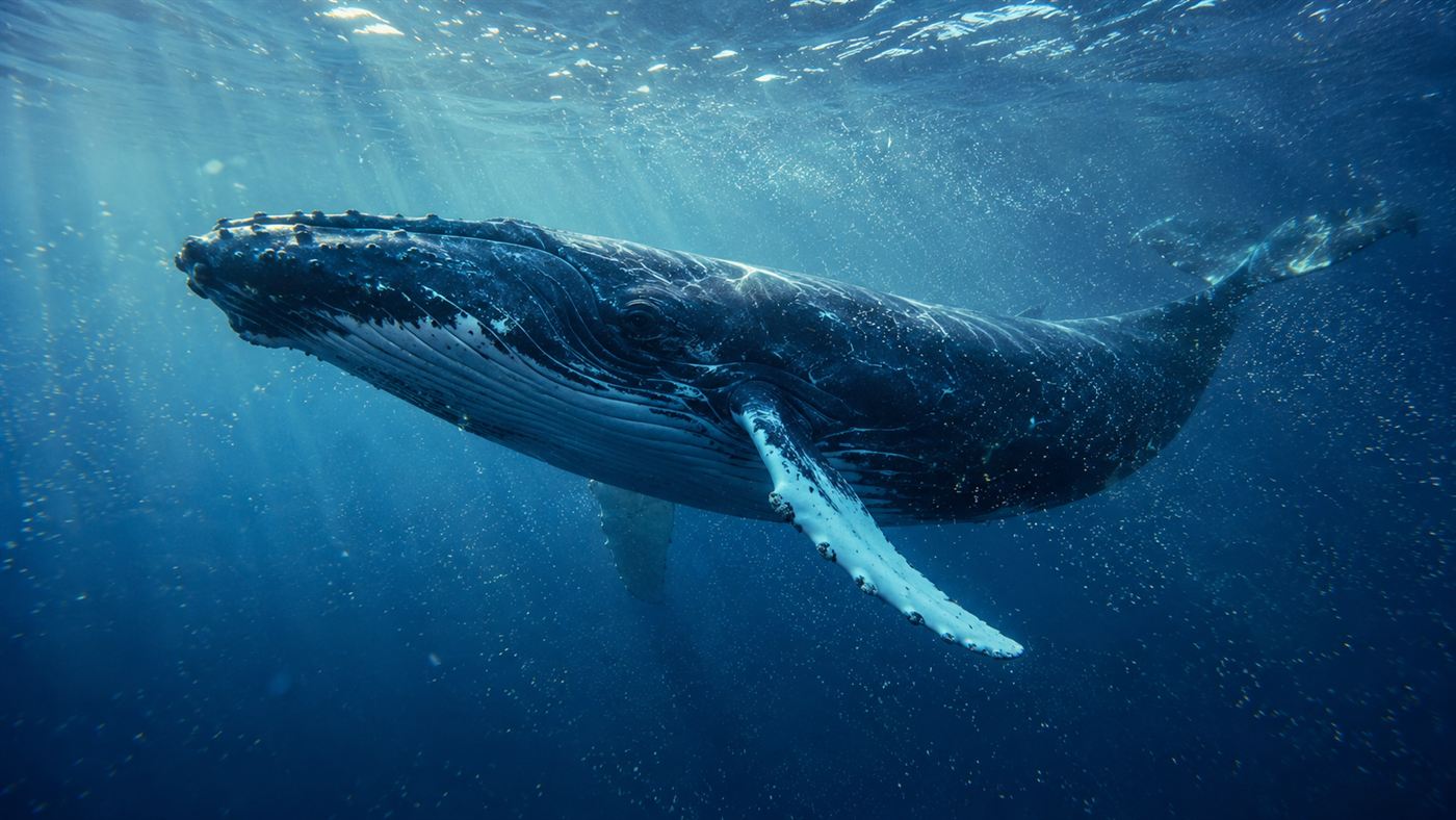 A great humpback whale swimming through sunlit blue ocean surrounded by a drifting cloud of plankton