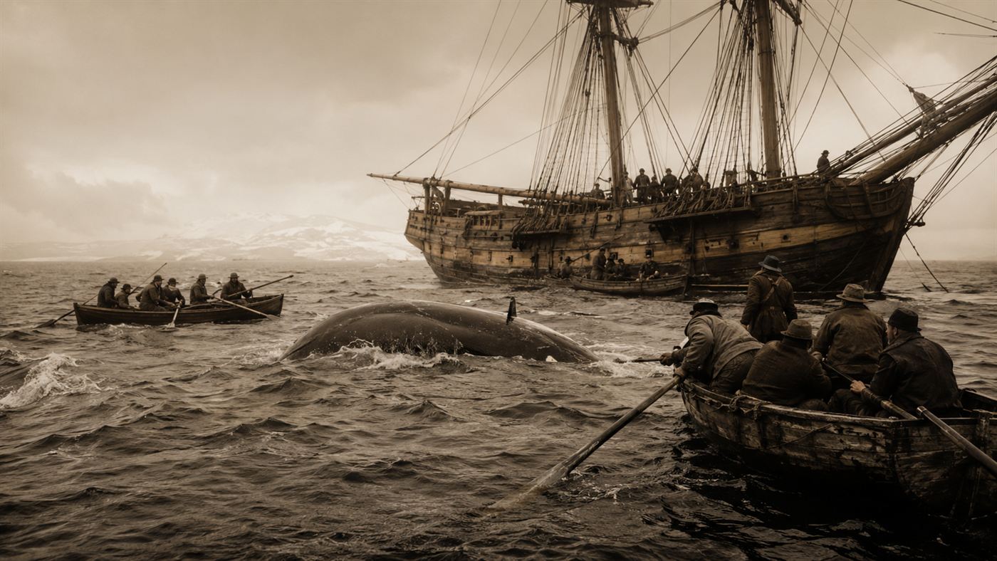 A 19th century wooden whaling ship with sailors in small boats beside a whale on a grey sea