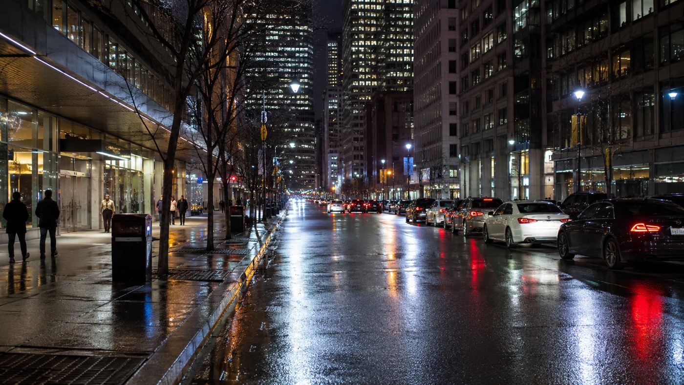 A city street at night lit by cool white LED streetlights and glowing screens, all built on the blue LED breakthrough