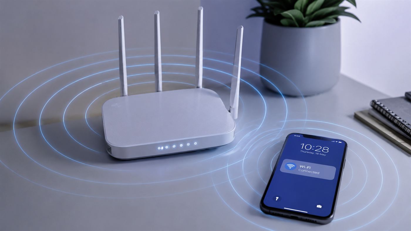 Modern wireless devices such as a router and phone surrounded by signal waves