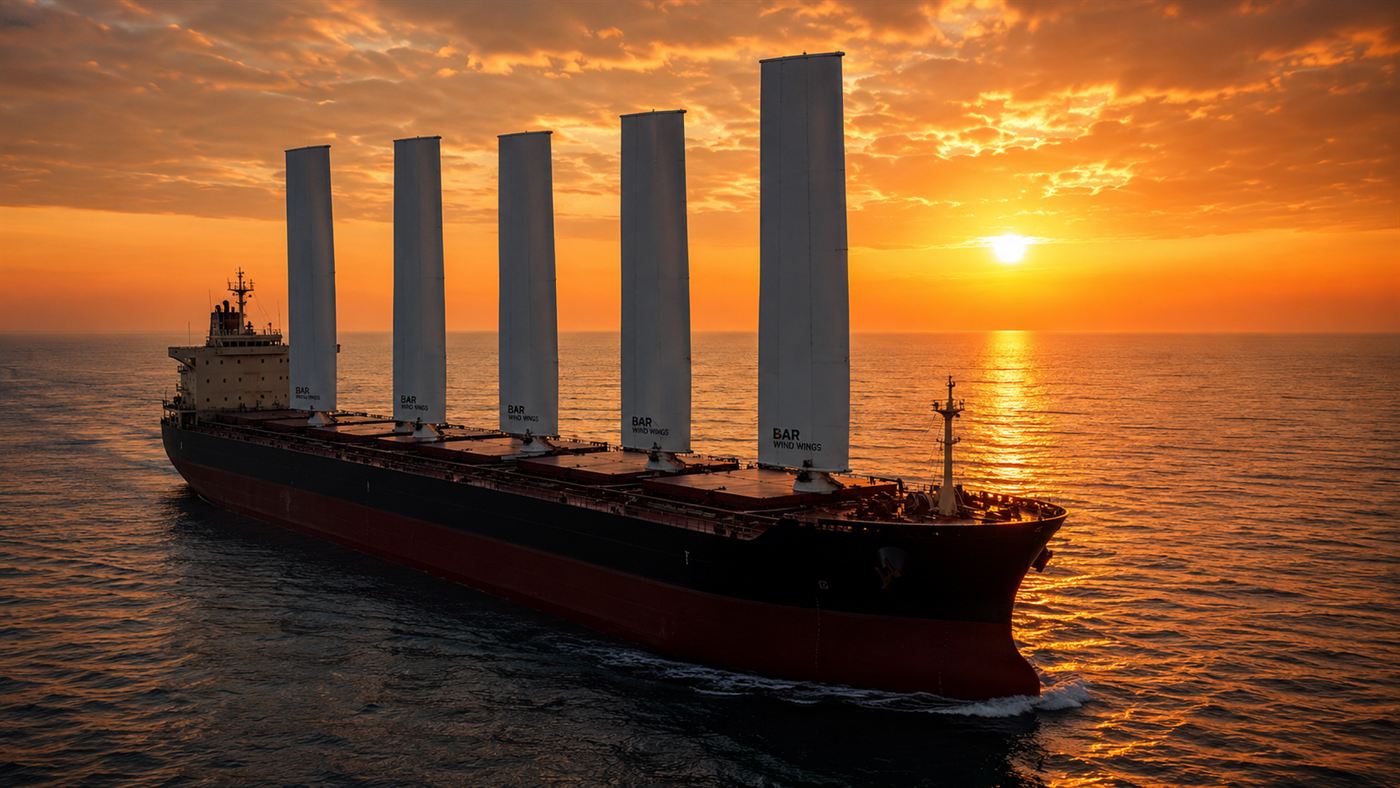 A wind-powered cargo ship under sail at sunset on the open ocean