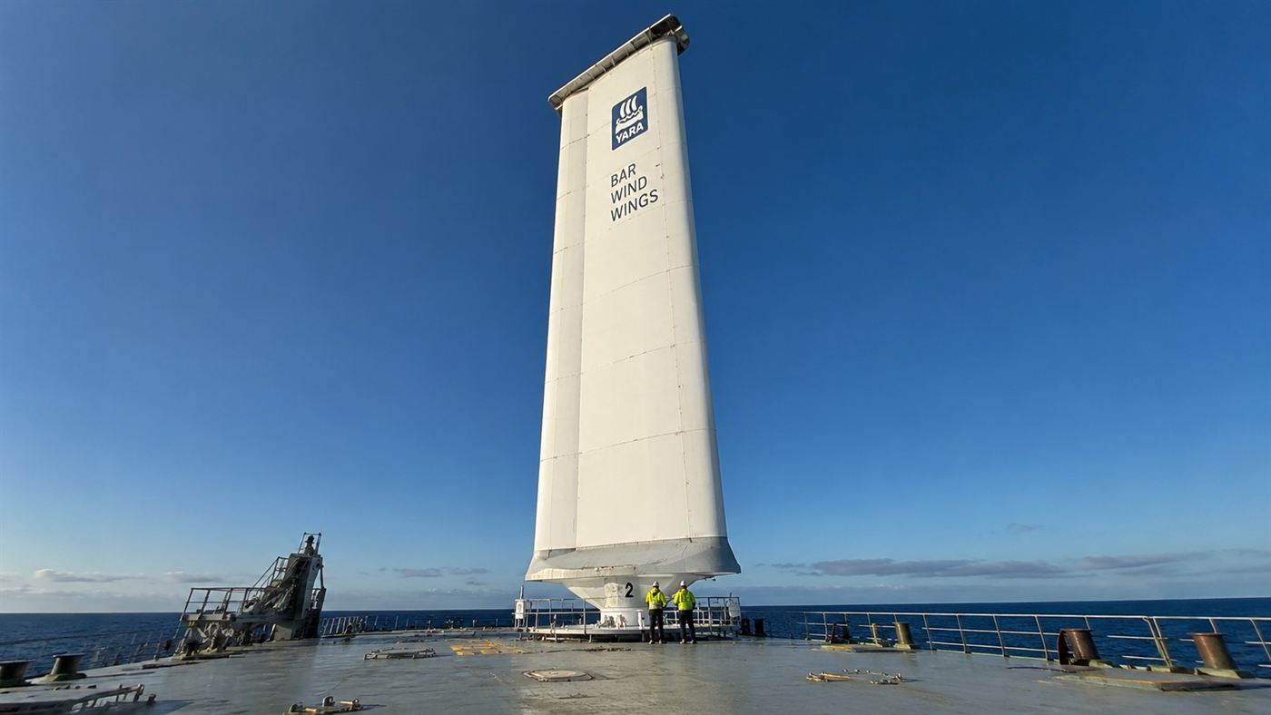 A tall rigid wing sail of a wind-assisted propulsion system towering over a ship's steel deck