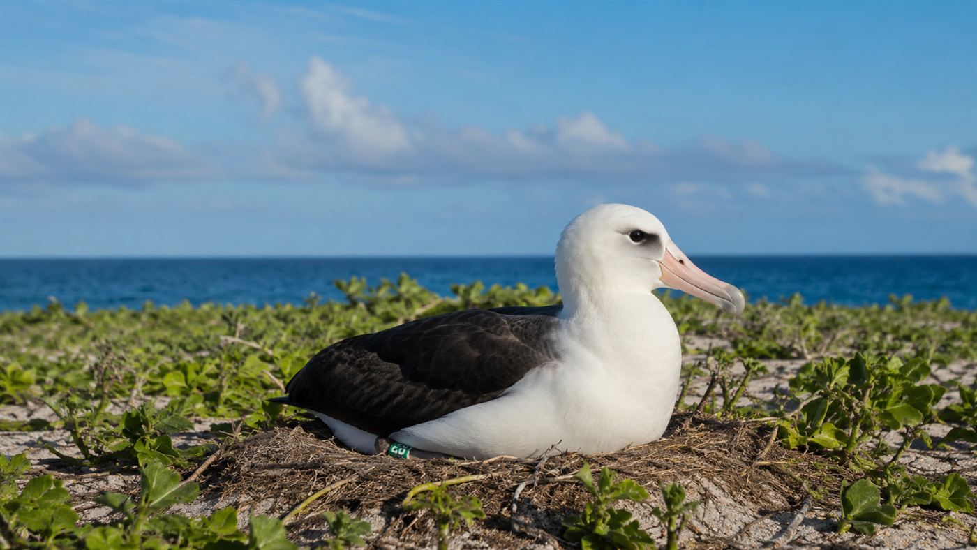 Wisdom the albatross, a Laysan albatross with a leg band, sitting on her nest on a sandy Pacific island