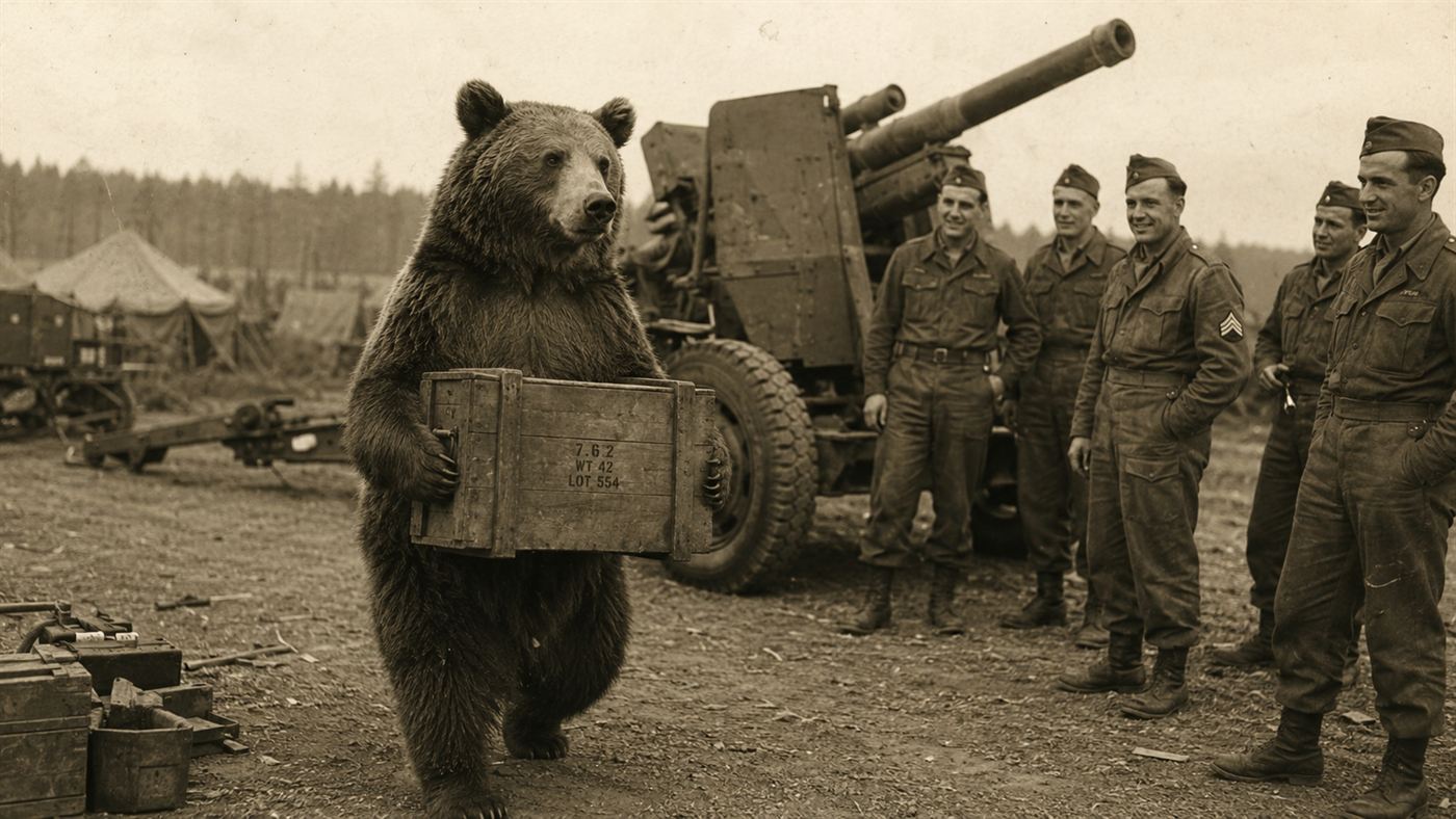 A large brown bear standing upright carrying a heavy wooden ammunition crate at a wartime artillery camp