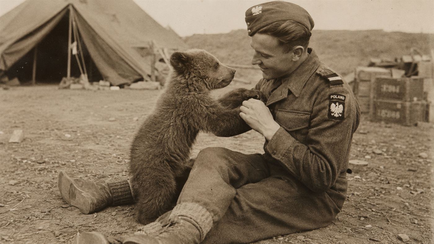 A young Polish soldier affectionately playing with a small brown bear cub in a wartime camp