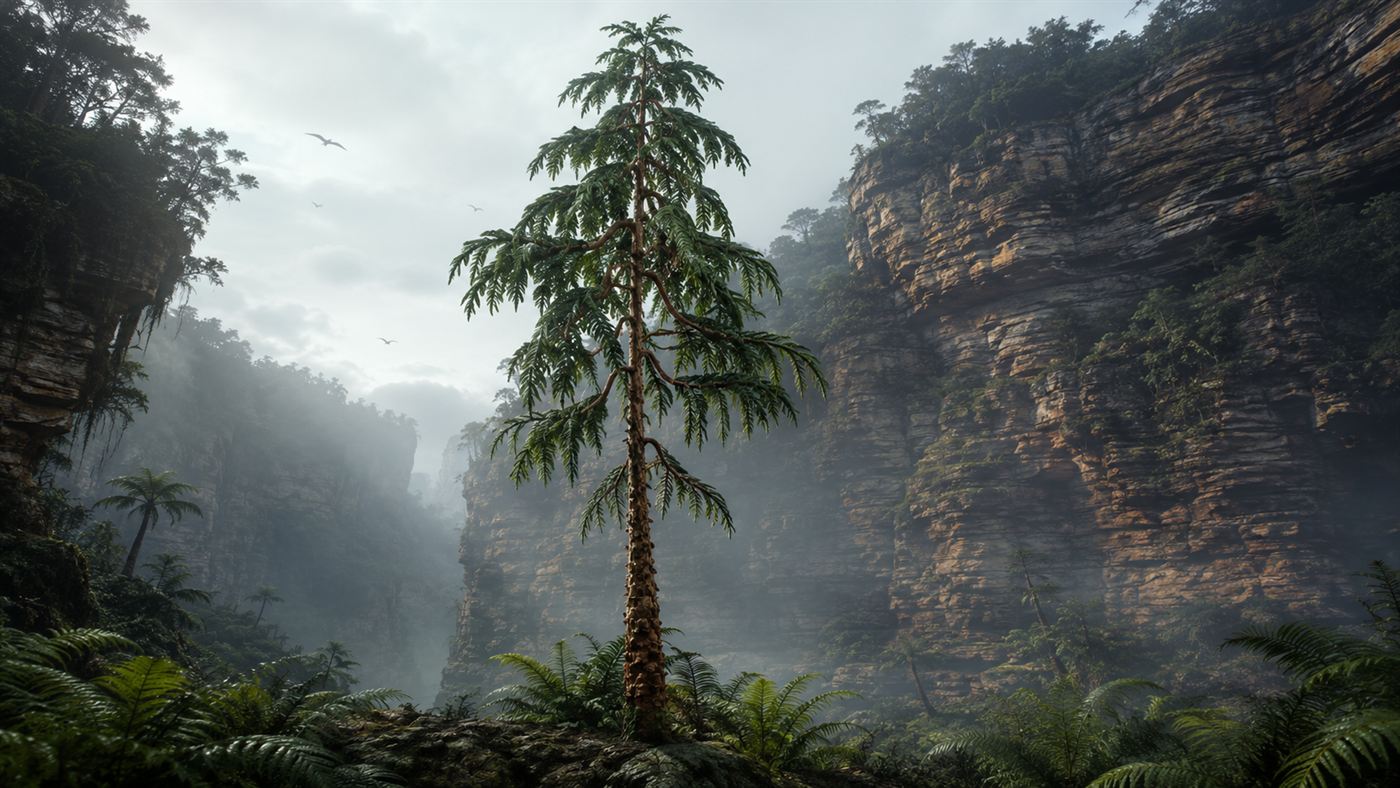 A tall Wollemi pine with dark green fern-like foliage and knobbly brown bark standing in a misty sandstone canyon