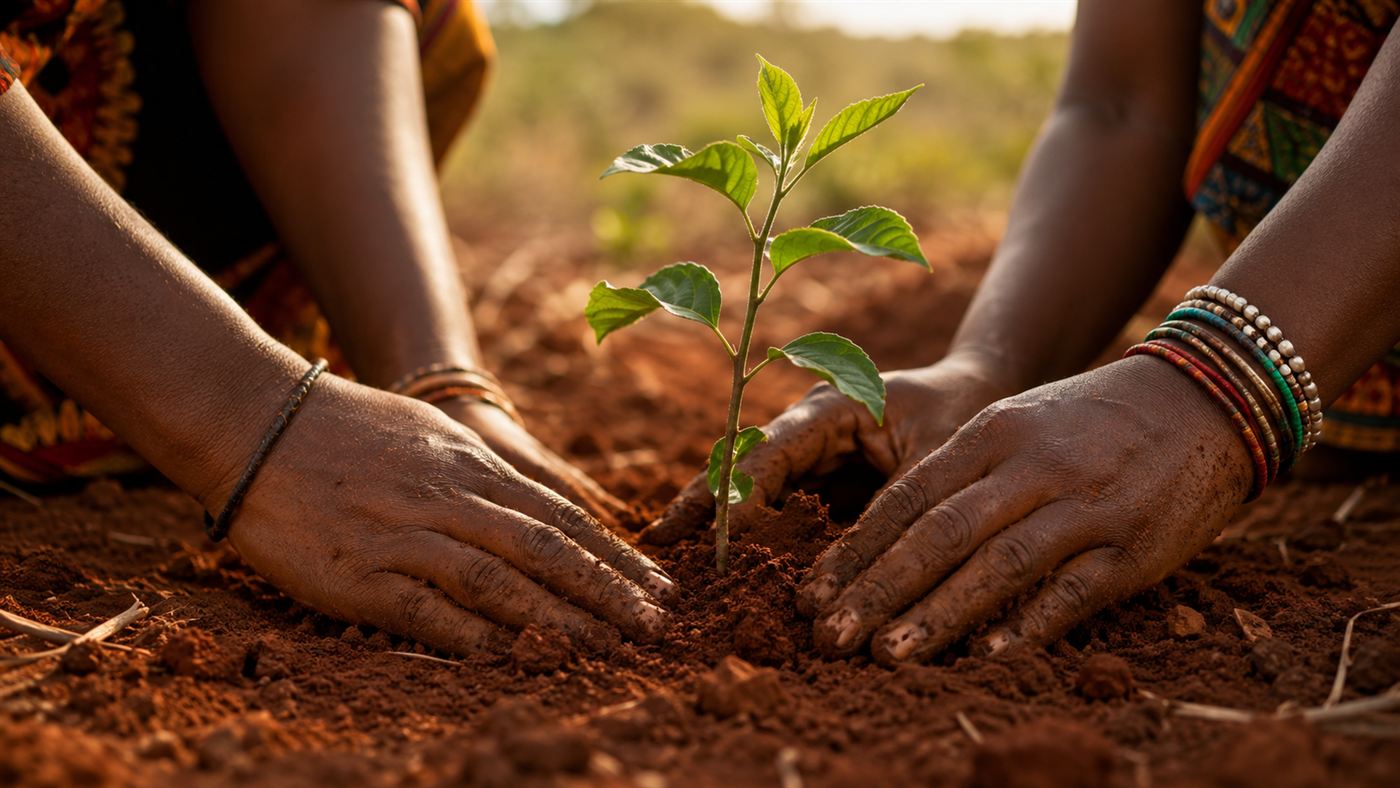 Close-up of women's hands planting a tree seedling in red soil during the Green Belt Movement in Kenya