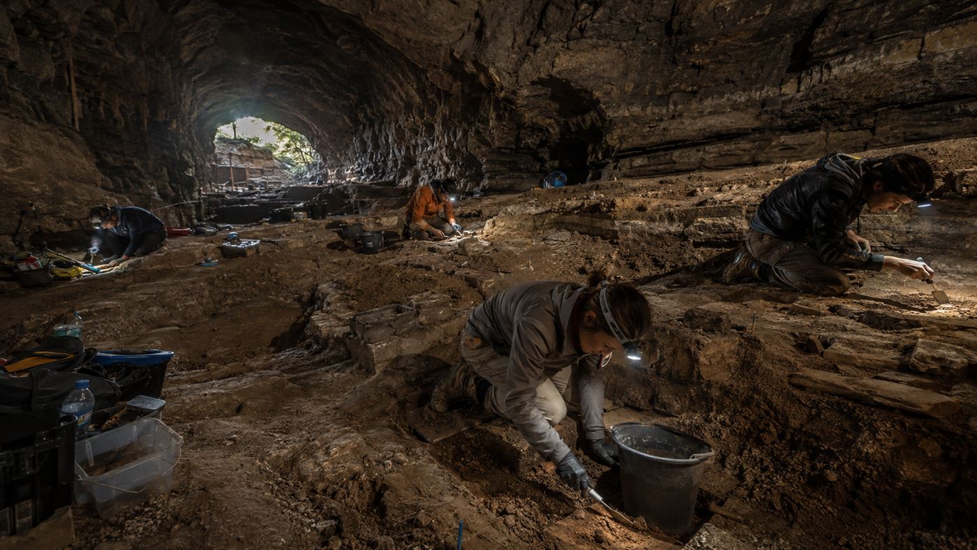 Archaeologists carefully excavating ancient sediment layers deep inside a dim rock cave