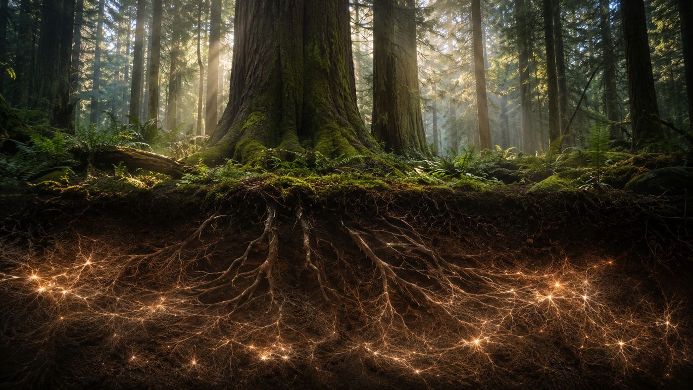 A misty forest with a glowing fungal network linking tree roots underground