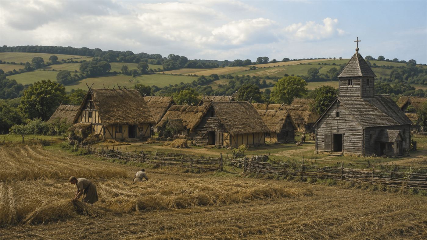 A small medieval English village with thatched cottages and harvest fields, the setting of the Green Children of Woolpit