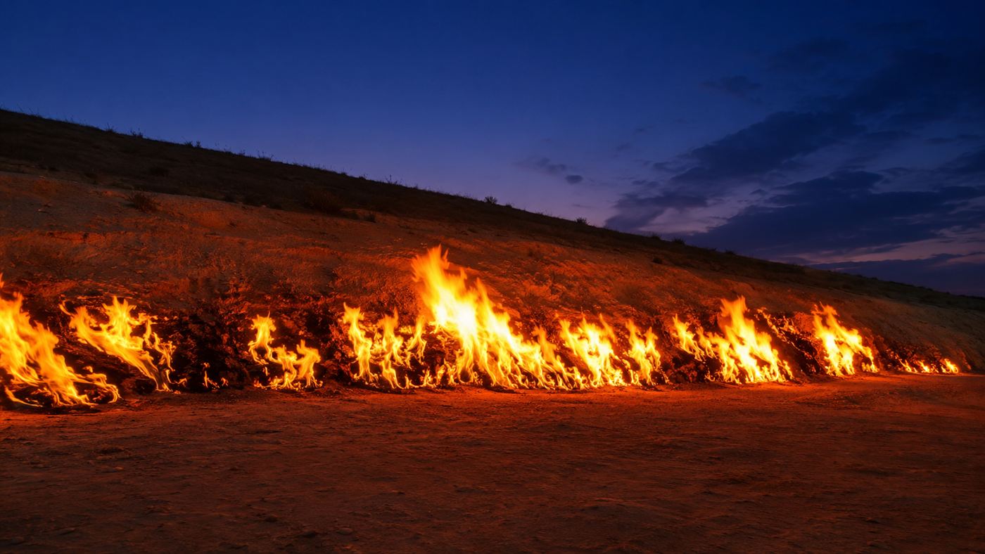 The Yanar Dag hillside in Azerbaijan with natural gas flames rising along the slope at night
