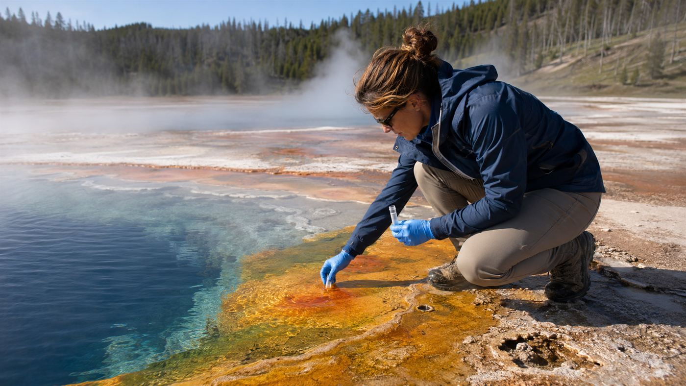 A researcher collecting a water sample from a steaming Yellowstone hot spring where Thermus aquaticus lives